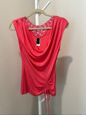 Wrapper Coral Cowl Neck Tank with Lace Yoke